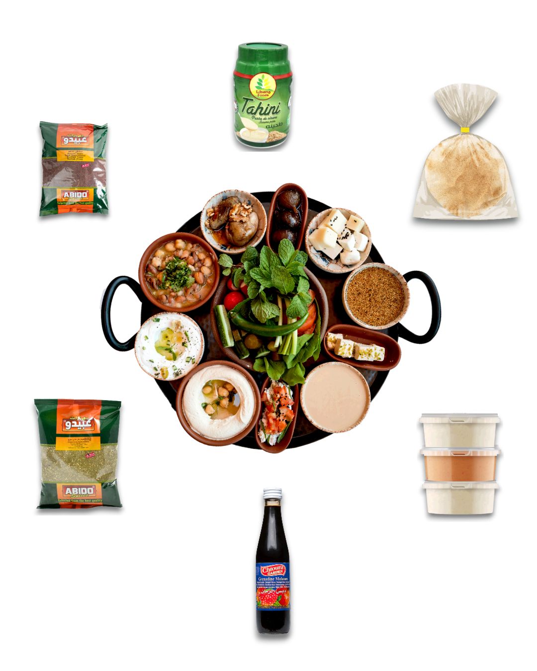 brunch libanés, mezze pack, productos del Medio Oriente, hummus online, pan libanés, Middle Eastern food box, mezze essentials